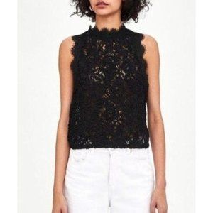 ZARA Trf Textured Shear Lace Detail Mock Neck Zip Back Up Tank Top S Black #1966
